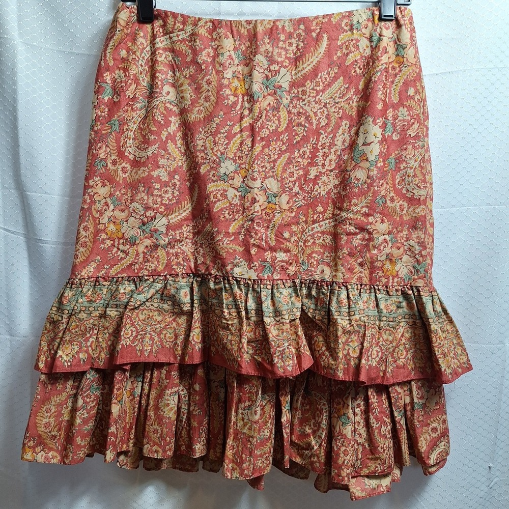 CHAPS Tiered Pull-On Midi Skirt Sz 4 Beige Red Floral Cottage Prairie Peasant